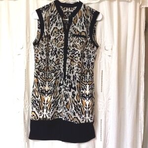 Animal Print Dress Black/Brown Sz S Knee Sleeveless Button Front Side Pockets